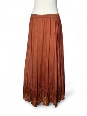 Vintage Burnt Orange Cotton Silk Embroidered Hem Gathered Boho Maxi Skirt